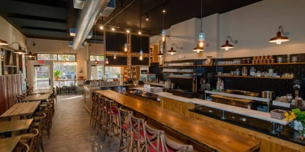 Restaurant bar interior with custom woodwork